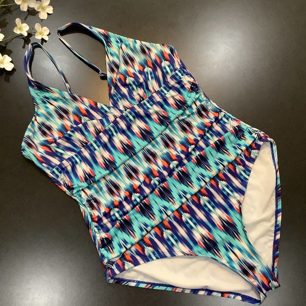 Liz Claiborne One Piece Surplus Ruched Abstract Multi Color Blur Swimsuit